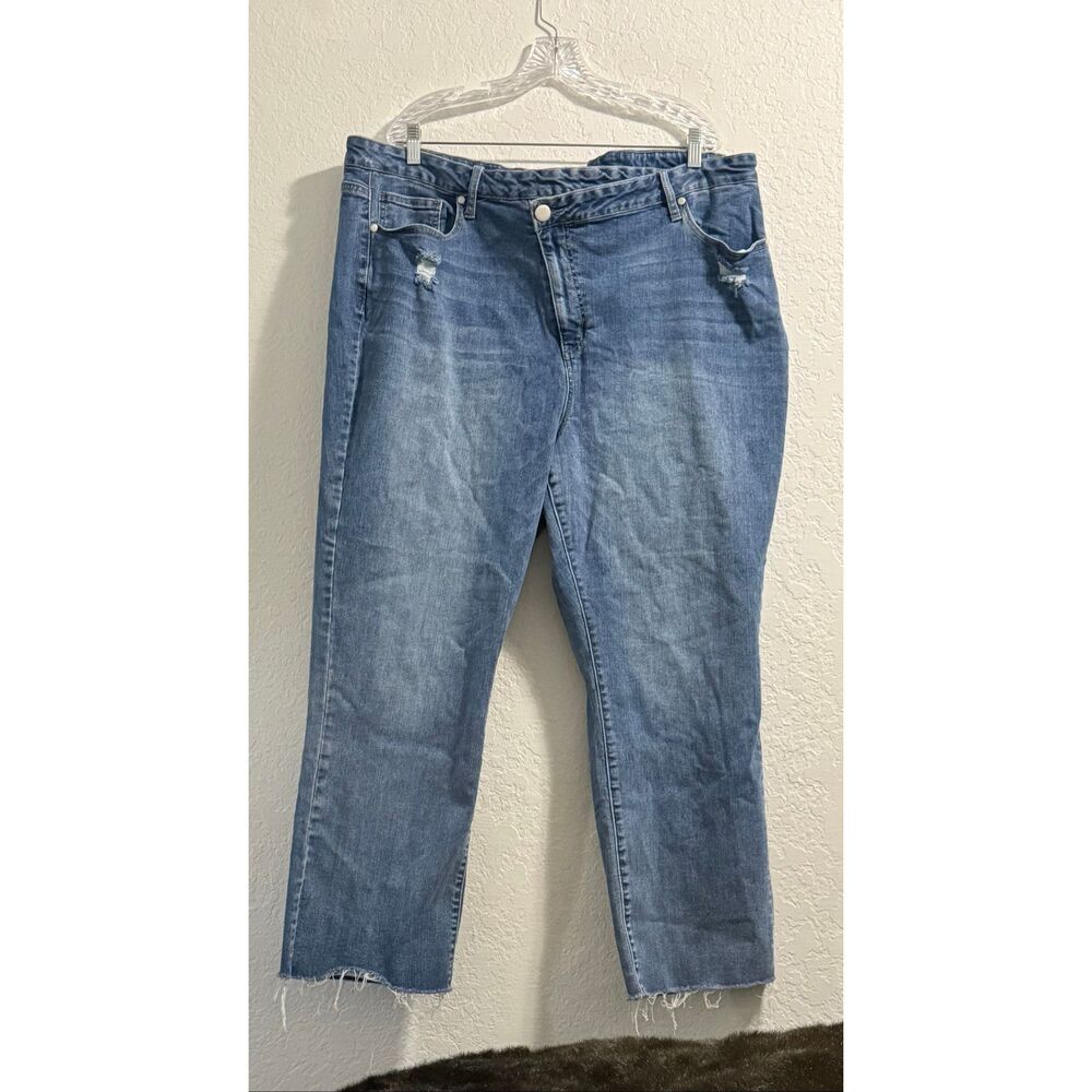 Arula Womens Distressed Straight Leg Jeans Medium Wash Raw Hem Size 24 112506